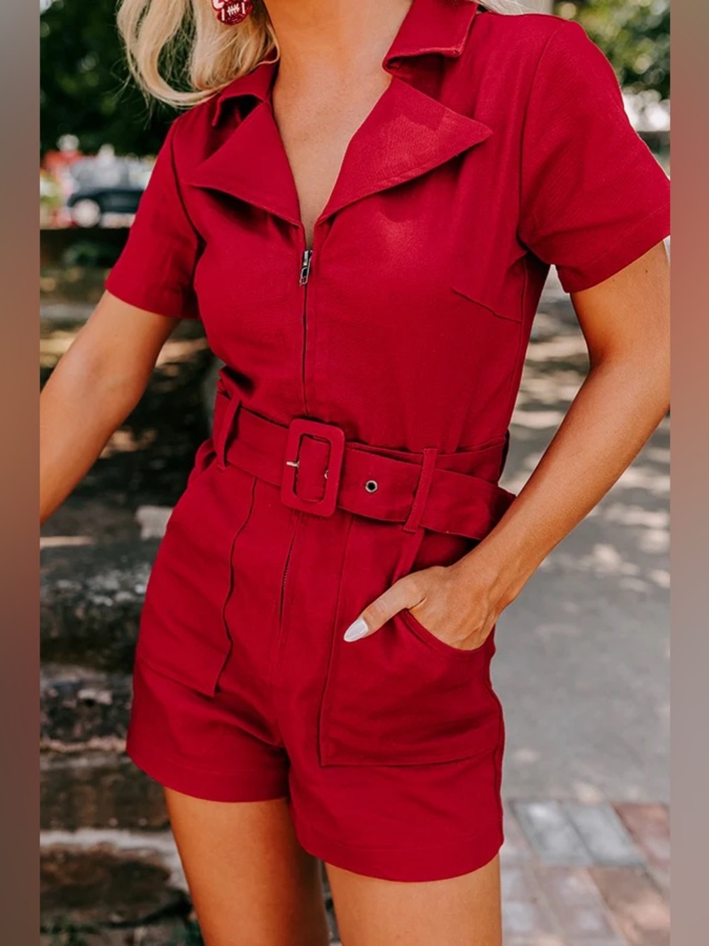 New + Day Belted Short-Sleeve Red Romper